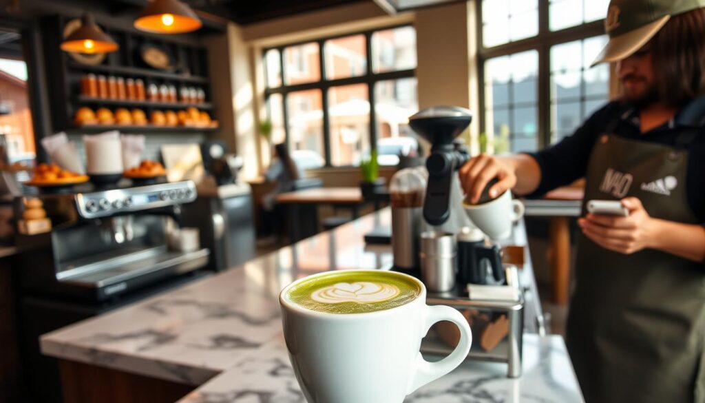 A cozy coffee shop interior, with warm natural lighting streaming through large windows. A marble-topped counter showcases an array of mouthwatering pastries and a gleaming espresso machine. In the foreground, a barista carefully crafts an affordable matcha latte, its vibrant green hue topped with a delicate layer of frothy milk. The drink is served in a simple white ceramic mug, highlighting the beverage's elegant simplicity. The overall atmosphere is inviting and down-to-earth, creating an accessible and affordable experience for the discerning matcha lover.