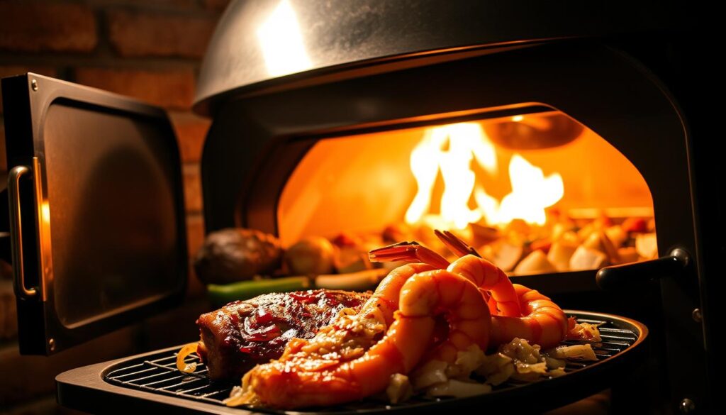 A cozy, dimly-lit Josper oven set against a backdrop of warm, weathered brick walls. The oven's metal frame gleams in the soft lighting, its door ajar to reveal the glowing embers within. An array of savory delights - tender meats, roasted vegetables, and sizzling seafood - rest atop the oven's grate, their aromas wafting through the air. In the foreground, a crisp, golden-brown crust encases a succulent pork belly, while a sizzling shrimp dish takes center stage, its juices bubbling invitingly. The scene evokes the vibrant energy of a tapas bar in Barcelona, transporting the viewer to a world of rustic culinary indulgence.