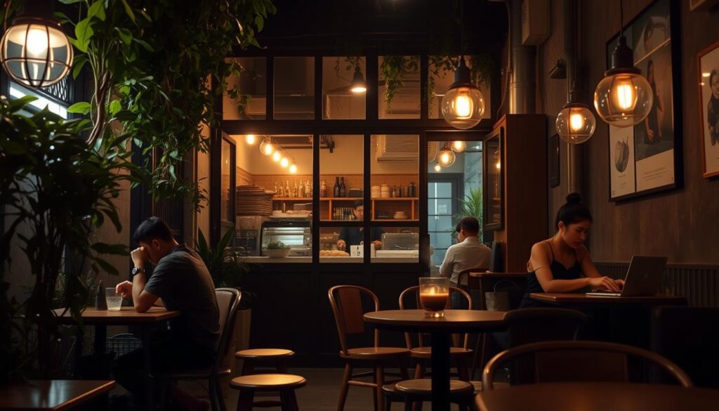 A cozy, dimly lit Singapore cafe nestled in a hidden alley, its facade adorned with lush greenery and warm, inviting lighting. Inside, a scattering of wooden tables and chairs, each one a unique vintage find. The barista prepares a perfectly crafted latte, the steam gently swirling in the soft, golden glow. Patrons sip their drinks, absorbed in quiet conversation or the rhythmic tapping of laptop keys. The air is filled with the enticing aroma of freshly baked pastries and the soothing hum of a retro-inspired soundtrack. This unassuming gem, a delightful contrast to the city's bustling mainstream cafes, offers a tranquil respite and a glimpse into Singapore's thriving independent cafe scene.