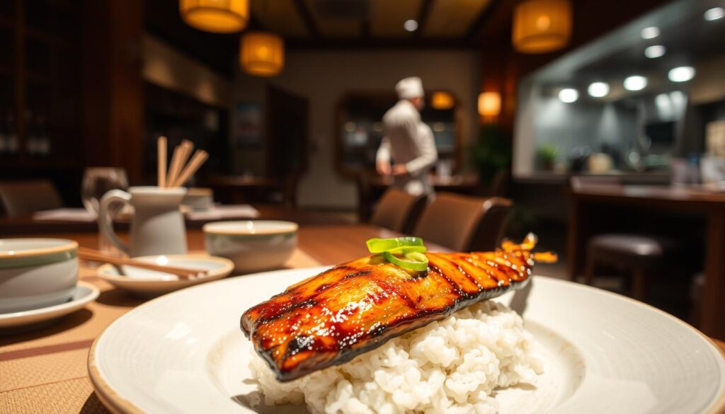 A cozy, dimly lit dining room with warm, rustic decor sets the stage for a mouthwatering plate of unagiya ichinoji. In the foreground, a meticulously grilled and glazed eel fillet sits atop a bed of perfectly cooked rice, garnished with delicate slices of scallion. The middle ground reveals a traditional Japanese-style table setting, complete with ceramic dishware and elegant chopsticks. In the background, a glimpse of the open kitchen showcases the skilled chefs in action, adding to the inviting atmosphere. Soft, flattering lighting creates a intimate, almost theatrical ambiance, highlighting the rich, caramelized tones of the unagi and the mouthwatering presentation.