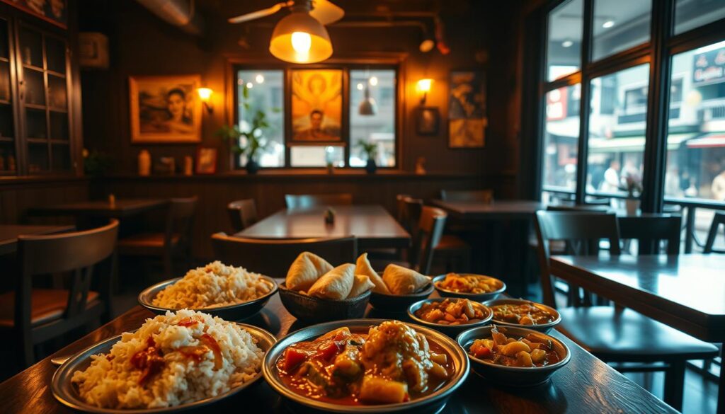 A cozy, dimly lit restaurant interior in Joo Chiat, Singapore. In the foreground, a table displays an array of Sri Lankan comfort food dishes - fragrant rice and curry, savory samosas, and vibrant vegetable curries. Warm lighting casts a golden glow, highlighting the rich colors and textures of the meal. In the middle ground, wooden furnishings and traditional Peranakan decor create an intimate, authentic atmosphere. The background features a view of the bustling Joo Chiat neighborhood through large windows, hinting at the cultural diversity that defines this unique enclave. The overall scene evokes a sense of homely comfort and cultural immersion, inviting the viewer to savor the flavors of Sri Lankan cuisine in a distinctly Peranakan setting.