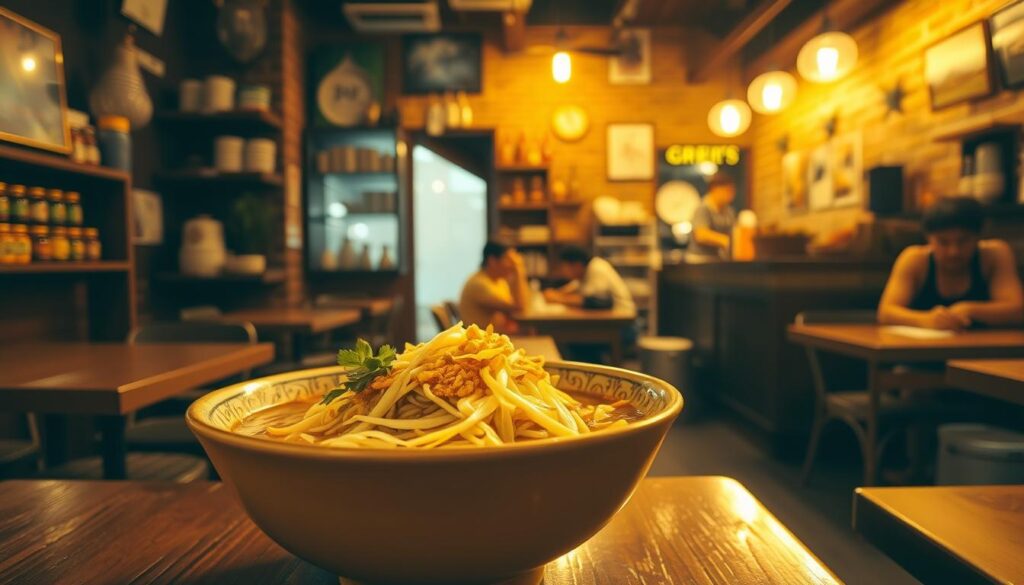 A cozy, dimly lit restaurant interior with warm, golden lighting. In the foreground, a steaming bowl of mee siam sits on a wooden table, its savory aroma wafting through the air. The dish is artfully garnished with fresh bean sprouts, shredded omelet, and a sprinkle of crushed peanuts. In the middle ground, a few patrons enjoy their meals at small, intimate tables, creating a sense of a hidden, local eatery. The background features exposed brick walls, shelves of spices and condiments, and a counter where a chef skillfully prepares the dish. The overall atmosphere is one of authentic Singaporean comfort and charm.