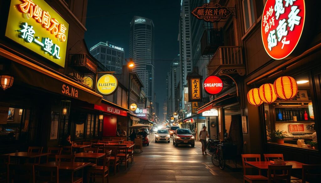 A cozy, dimly-lit street in the heart of Singapore, lined with charming late-night dining spots. Neon signs illuminate the sidewalks, casting a warm glow over the scene. Clusters of wooden tables and chairs spill out from intimate eateries, where local delicacies and international fare are served until the early hours. In the background, towering skyscrapers and bustling traffic create a vibrant, urban atmosphere. The atmosphere is lively yet relaxed, with a touch of mystery and adventure. A 35mm lens captures the scene from a low angle, emphasizing the depth and energy of this late-night dining oasis.