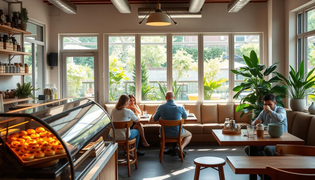 A cozy, family-friendly brunch spot with a warm, inviting atmosphere. Wooden tables and chairs, plush booth seating, and natural light streaming through large windows. The foreground features a display of freshly baked pastries and local artisanal goods. In the middle ground, families enjoy hearty breakfast dishes and sip on aromatic coffee. The background showcases a vibrant greenery-filled outdoor patio, perfect for al fresco dining. The lighting is soft and natural, creating a relaxed, comfortable ambiance. A clean, minimalist interior design with subtle touches of Scandinavian influence, reflecting the cafe's focus on quality, locally-sourced ingredients.