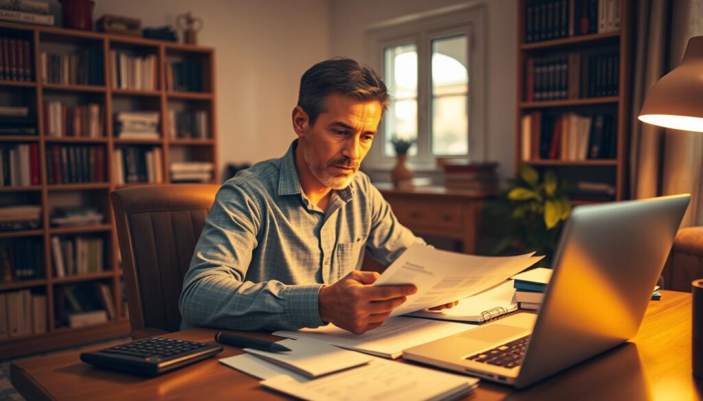 A cozy home interior with a person sitting at a desk, meticulously examining financial documents and planning for their future. The room is bathed in warm, golden lighting, creating a sense of security and thoughtfulness. On the desk, there are various financial planning tools, including a calculator, a laptop, and neatly organized files. The person is deeply engaged, their expression one of concentration and determination, as they navigate the complexities of protecting their financial well-being. The background features a bookshelf filled with financial reference books, further emphasizing the seriousness of the task at hand. The overall scene conveys the importance of proactive financial protection planning.