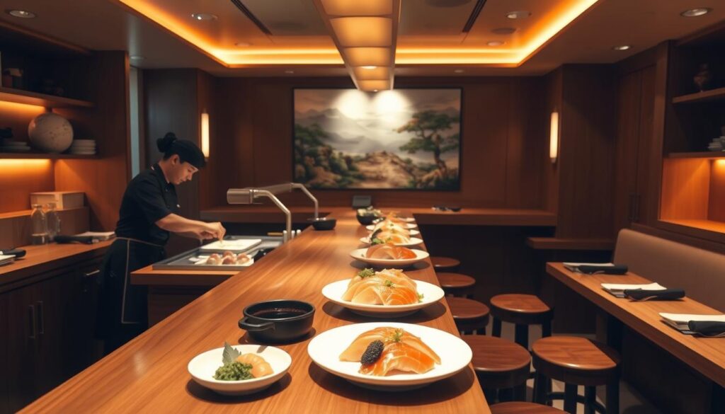 A cozy, intimate sushi bar with a sleek, minimalist interior. Warm, ambient lighting casts a soft glow over the polished wooden countertops and stools, creating a sophisticated and inviting atmosphere. In the foreground, a skilled sushi chef meticulously prepares a selection of fresh, vibrant sashimi, with precision and artistry. The middle ground features neatly arranged plates of expertly sliced sashimi, accompanied by delicate garnishes and sauces. In the background, a serene Japanese landscape painting or a tranquil zen garden scene provides a calming, immersive backdrop, enhancing the authentic Japanese dining experience.