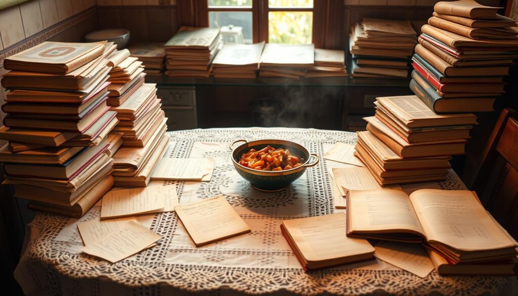 A cozy kitchen table set with a worn, lace tablecloth, surrounded by stacks of handwritten recipe cards and weathered cookbooks. Soft, warm lighting casts a golden glow, illuminating the well-loved, dog-eared pages. In the center, a fragrant dish simmers, its aroma wafting through the air, inviting us to gather and savor the flavors of generations past. The overall scene evokes a sense of comforting nostalgia and the traditions that bind a Peranakan family together.