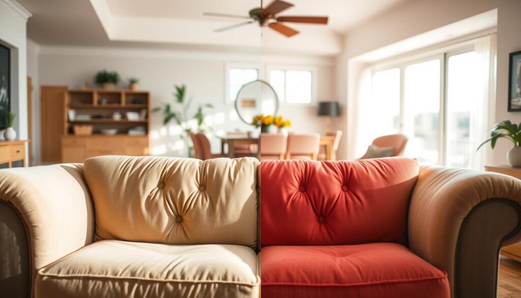 A cozy living room with a plush, worn-out sofa in the foreground. In the middle ground, a side-by-side comparison of the sofa's current state and a new, freshly upholstered version, showcasing the before and after. The background features a well-lit, airy space, with natural light filtering in through large windows, creating a serene and inviting atmosphere. The lighting is soft and warm, accentuating the textures and colors of the fabrics. The camera angle is slightly elevated, providing a comprehensive view of the scene and highlighting the contrast between the old and the new.