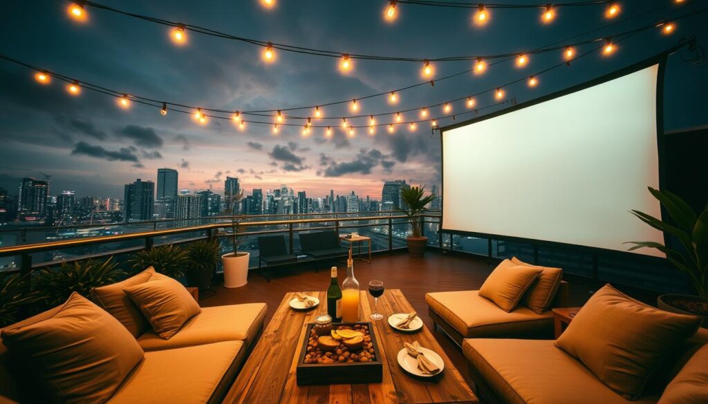 A cozy rooftop in Singapore, bathed in the warm glow of string lights and the city skyline. A large projection screen dominates the scene, casting a cinematic ambiance. Plush lounge chairs and pillows invite guests to settle in and enjoy the private movie experience. Refreshments and snacks are artfully arranged on a rustic wooden table, complementing the chic, relaxed atmosphere. The mood is intimate yet lively, perfect for a memorable birthday celebration under the stars.