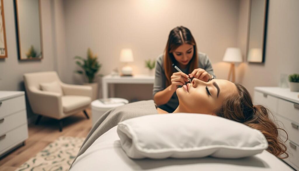 A cozy, softly-lit lash studio setting. In the foreground, a client reclines comfortably on a padded treatment table, eyes closed as a lash technician meticulously applies delicate lash extensions, their movements precise and gentle. The middle ground features sleek, modern furnishings and decor, creating a soothing, spa-like ambiance. The background showcases a serene, neutral-toned wall, allowing the focus to remain on the lash application process. Diffused lighting casts a warm, flattering glow, enhancing the model's features. The overall mood is one of tranquility and pampering, reflecting the care and attention to detail expected during a premium lash extension session.