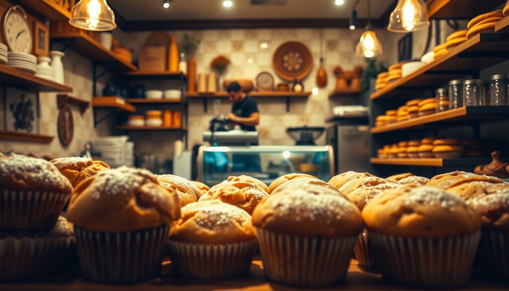 A cozy, well-lit bakery interior with a rustic wooden counter and display shelves showcasing an array of freshly baked muffins and other treats. Warm, golden lighting casts a comforting glow, highlighting the rich, creamy tones of the butter-based baked goods. The foreground features an assortment of muffins in various flavors, their tops lightly dusted with powdered sugar. In the middle ground, a barista is busy preparing a hot beverage, creating a sense of artisanal craft. The background depicts a charming, tiled wall with vintage-inspired decor, conveying a homey, neighborhood bakery atmosphere.