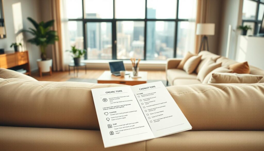 A cozy, well-lit home interior with a large, L-shaped sofa in the foreground. On the sofa, a carefully curated checklist lays open, featuring various icons and bullet points outlining the key considerations for buying a new sofa - material, size, color, comfort, and style. In the middle ground, a coffee table with a laptop and a cup of coffee, symbolizing the research and planning process. In the background, a large window overlooking a cityscape, suggesting the decision-making takes place in a modern, urban setting. The overall mood is one of thoughtful consideration and careful curation, reflecting the importance of choosing the right sofa for one's living space.