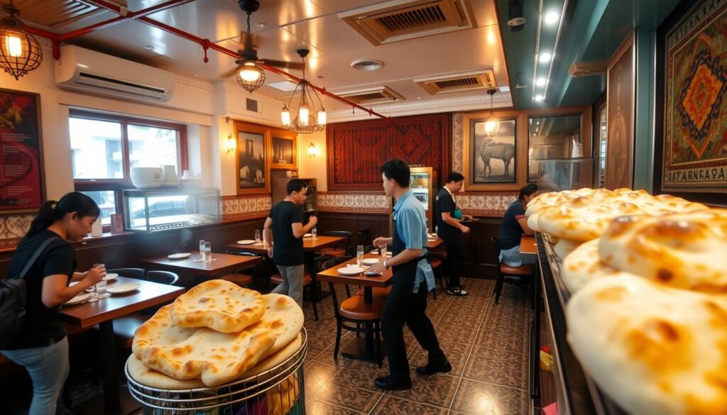 A cozy, well-lit interior of a 24-hour naan eatery in Singapore, with a lively atmosphere and enticing aromas. The foreground features a display of freshly baked naans, their golden-brown crusts and fluffy centers tempting passersby. In the middle ground, servers efficiently move between tables, delivering steaming plates of delectable curries and dips to hungry patrons. The background showcases the restaurant's vibrant decor, with intricate tiled floors, ornate light fixtures, and colorful tapestries adorning the walls, creating an authentic and inviting ambiance. Warm, diffused lighting casts a soft glow throughout the space, highlighting the mouthwatering naan and enhancing the overall sensory experience.