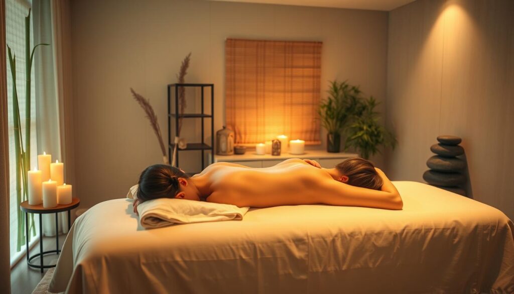 A cozy, well-lit massage studio with warm lighting and soft, diffused shadows. In the foreground, a serene figure reclines on a high-quality massage table, draped in plush linens. The masseuse's skilled hands knead the shoulders and back, creating a deeply relaxing experience. The middle ground features massage accessories such as aromatherapy candles, soothing music, and tranquil decor, conveying a sense of tranquility and pampering. The background subtly blends calming natural elements like bamboo, river stones, and soft fabric textures, immersing the viewer in a luxurious, spa-like atmosphere.