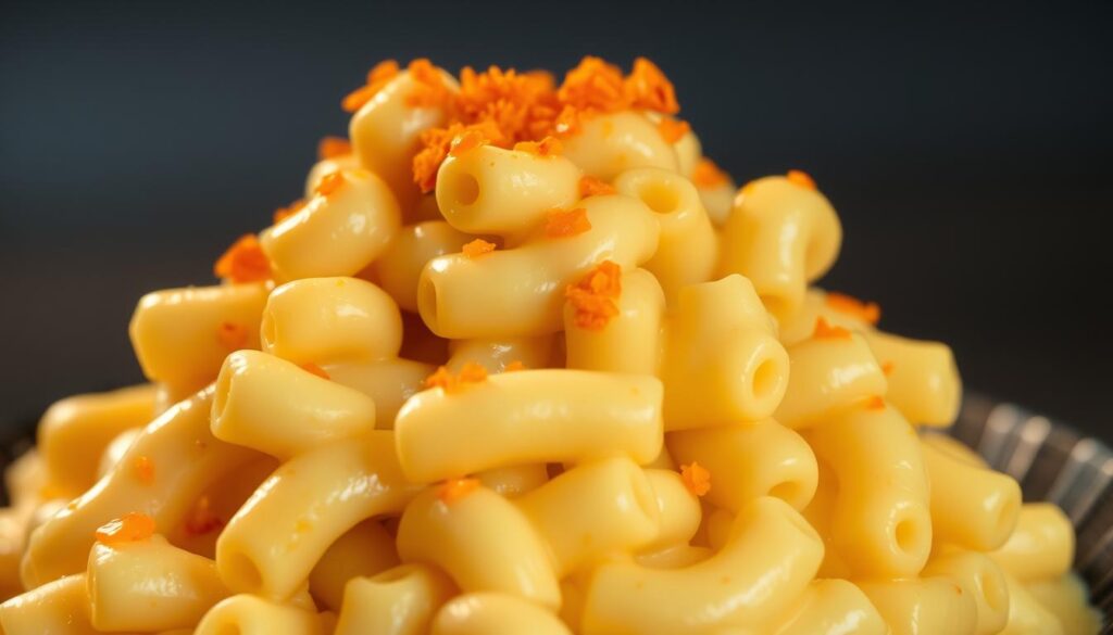 A creamy and indulgent mac and cheese, topped with a generous layer of mentaiko sauce. The macaroni is perfectly al dente, coated in a silky béchamel infused with the savory umami flavors of Japanese cod roe. Specks of bright orange mentaiko speckle the surface, creating a visually striking contrast against the golden-brown cheese crust. Soft lighting casts a warm glow, highlighting the dish's luscious texture and irresistible appeal. The image is captured from a slightly elevated angle, showcasing the dish's layered components and inviting the viewer to take a satisfying bite.