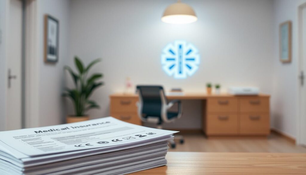 A crisp, clean medical office with a warm, inviting atmosphere. In the foreground, a stack of medical insurance documents, their details and icons clearly visible. In the middle ground, a doctor's desk with a computer display showcasing key plan features and benefits. The background blurs softly, highlighting a medical symbol or logo. Subtle, muted colors create a professional, trustworthy vibe. Soft, diffused lighting illuminates the scene, casting a calming glow. The overall composition conveys the essential elements of a comprehensive medical insurance plan.