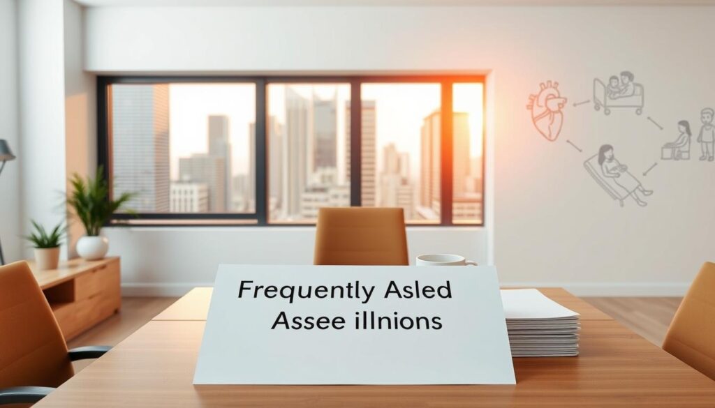 A crisp, clean office interior with a modern, minimalist aesthetic. In the foreground, a large wooden desk with a laptop, coffee mug, and a stack of papers labeled "Frequently Asked Questions". Behind the desk, a large window overlooking a cityscape, bathed in warm, natural light. On the walls, simple line-art illustrations depicting common critical illness insurance concepts - a heart, a hospital bed, a family. The overall mood is professional, informative, and inviting, setting the stage for an educational exploration of critical illness insurance FAQs.