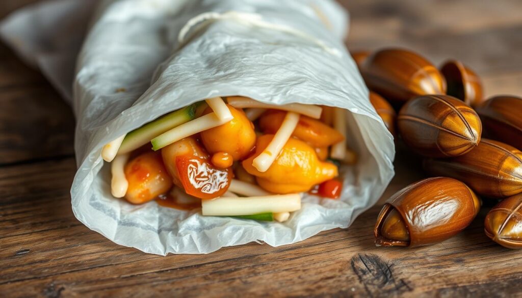 A crisp, well-lit close-up of a freshly prepared popiah wrap, showcasing its delicate rice paper exterior and a generous filling of juicy cockles, julienned cucumber, bean sprouts, and a savory sauce. The popiah is presented on a rustic wooden surface, with the cockles nestled alongside, their shells glistening. The scene evokes the vibrant flavors and textures of a quintessential Singaporean rojak dish, capturing the essence of the "Rojak Popiah & Cockle" section.