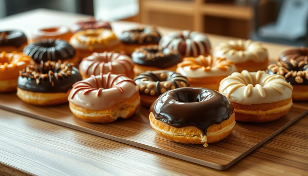 A curated donut display on a wooden table, with a variety of delectable treats arranged in an eye-catching pattern. The donuts are meticulously styled, each one a unique work of art, with intricate glazes, toppings, and fillings that tantalize the senses. The lighting is soft and diffused, casting a warm glow on the scene, highlighting the vibrant colors and textures of the donuts. The background is slightly blurred, allowing the donuts to take center stage, showcasing them as the stars of the show. The overall composition is balanced and visually appealing, inviting the viewer to imagine the delicious flavors and textures of these handcrafted Singapore delicacies.