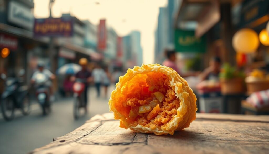 A delectable Tow Kwar Pop, freshly prepared with a crisp golden exterior and a mouthwatering interior bursting with vibrant flavors. The snack is presented on a rustic wooden surface, illuminated by warm, natural lighting that casts a soft glow, highlighting its tantalizing textures and colors. In the background, a hazy, out-of-focus cityscape suggests the bustling atmosphere of a lively Singaporean street, setting the scene for this beloved local delicacy. The composition is framed in a way that draws the viewer's attention to the Tow Kwar Pop, inviting them to savor its irresistible appearance and imagine the satisfying crunch and flavor experience it offers.