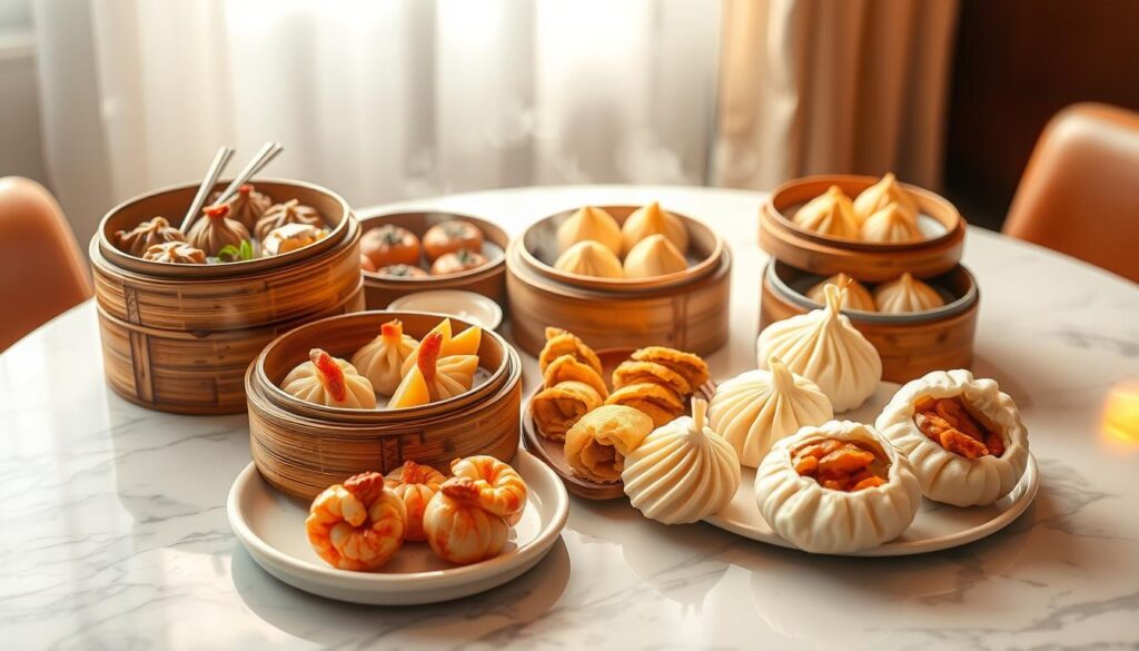 A delectable array of traditional Cantonese dim sum, artfully arranged on a marble tabletop. Steaming bamboo baskets filled with succulent pork dumplings, delicate shrimp dumplings, and fluffy buns with silky, savory fillings. The scene is bathed in warm, diffused lighting, creating a cozy, inviting atmosphere. In the background, a crisp, white tablecloth sets the stage, while the dim sum is highlighted by the natural shadows and highlights that accentuate their intricate shapes and textures. The overall composition evokes the welcoming ambiance of a beloved local restaurant, ready to delight the senses with its authentic flavors.