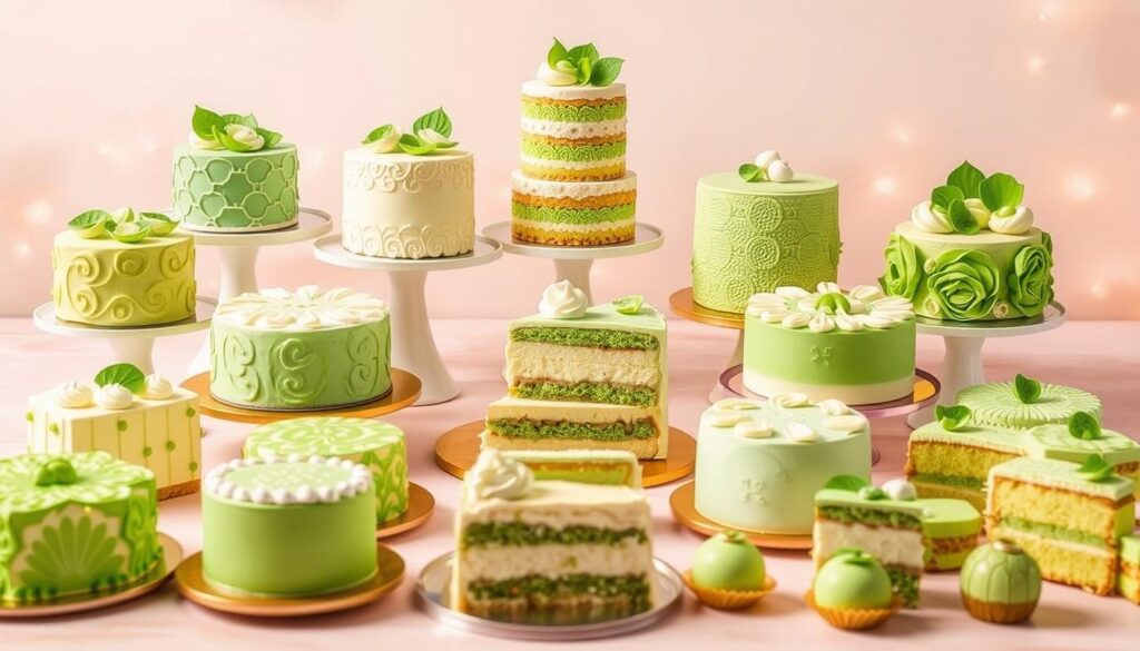A delectable assortment of unique pandan cake variations, showcased against a pastel-hued backdrop. In the foreground, an array of exquisite cakes in various shapes and sizes, each adorned with intricate patterns and vibrant green hues reminiscent of the pandan leaf. The middle ground features a mix of traditional pandan chiffon cakes, pandan layer cakes, and innovative pandan-infused creations, such as pandan cheesecakes and pandan bites. The background is a soft, dreamy setting, with delicate light filtering through, casting a warm, inviting glow over the delectable desserts. The overall scene evokes a sense of artistry, elegance, and the mouthwatering allure of these exceptional pandan cake variations.