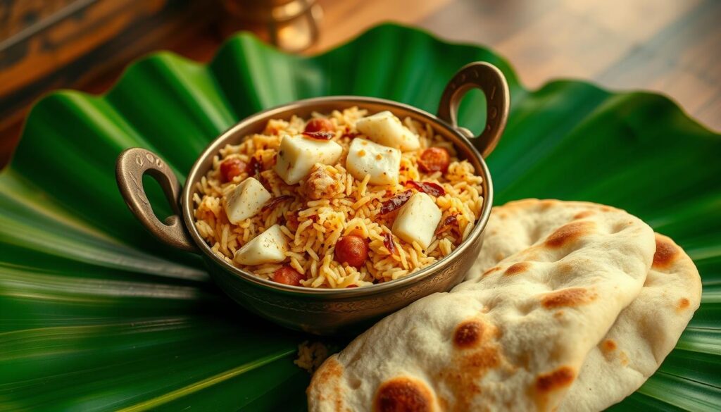 A delectable dish of fish briyani, served in a traditional brass vessel, sits atop a vibrant green banana leaf. The fragrant rice is infused with the subtle flavors of saffron, cardamom, and cinnamon, while tender chunks of flaky white fish mingle throughout. Soft, fluffy naan bread accompanies the meal, ready to scoop up the aromatic, spice-infused sauce. Warm lighting casts a golden glow, highlighting the intricate patterns of the brass vessel and the rich, earthy tones of the banana leaf. This timeless culinary masterpiece embodies the centuries-old tradition of Islamic cuisine, a testament to the enduring flavors of the region.