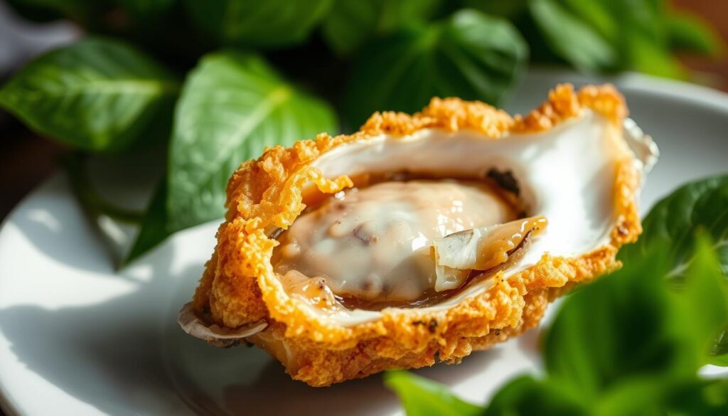 A delectable fried oyster, golden-brown and crispy, rests on a plate against a backdrop of vibrant green leaves. The oyster's plump, juicy interior is revealed, glistening with a hint of savory umami. Soft natural lighting casts gentle shadows, accentuating the textural interplay between the crunchy exterior and the succulent center. The scene is framed with a clean, minimalist composition, putting the star ingredient front and center. The overall mood is one of tantalizing appetizing appeal, inviting the viewer to savor the mouthwatering delicacy.