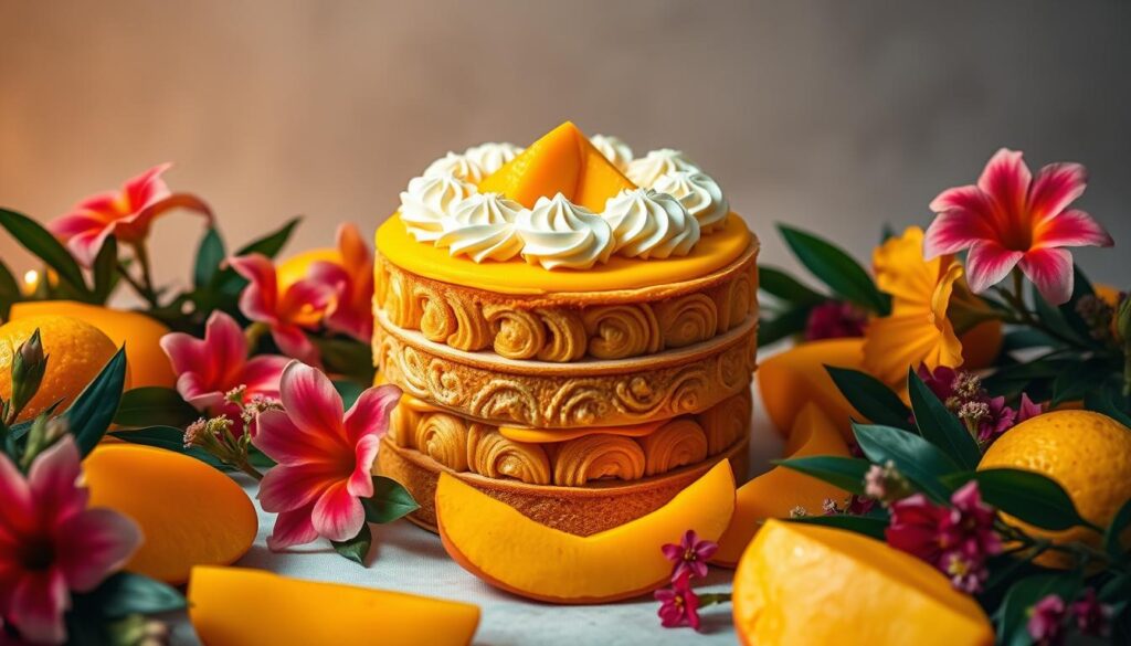 A delectable mango cake takes center stage, surrounded by festive decor. The cake's golden sponge is layered with luscious mango mousse and fresh mango slices, adorned with intricate piped cream rosettes. Warm ambient lighting casts a soft glow, highlighting the cake's vibrant hues. Meticulously arranged mango wedges, vibrant tropical flowers, and verdant foliage create a celebratory scene. The composition is framed by a neutral background, allowing the vibrant mango cake to be the undisputed star. The overall mood is one of elegance, indulgence, and the joy of gathering to mark a special occasion. A delectable mango cake takes center stage, surrounded by festive decor. The cake's golden sponge is layered with luscious mango mousse and fresh mango slices, adorned with intricate piped cream rosettes. Warm ambient lighting casts a soft glow, highlighting the cake's vibrant hues. Meticulously arranged mango wedges, vibrant tropical flowers, and verdant foliage create a celebratory scene. The composition is framed by a neutral background, allowing the vibrant mango cake to be the undisputed star. The overall mood is one of elegance, indulgence, and the joy of gathering to mark a special occasion.