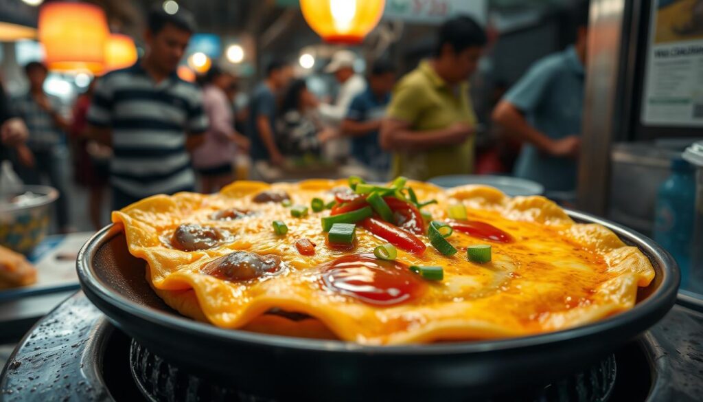 A delectable oyster omelette sizzling on a busy Singapore street stall, the golden-brown eggs dotted with plump, juicy oysters. Wisps of steam rise from the hot pan, creating a mouthwatering aroma. The omelette is gently folded, its crisp edges contrasting with the soft, fluffy interior. Vibrant green scallions and a drizzle of tangy chili sauce add pops of color and flavor. Overhead, a warm, diffused light casts a cozy glow, while the bustling scene of hawkers and locals creates an authentic, lively atmosphere. The composition is captured from a low angle, highlighting the dish's inviting texture and composition.