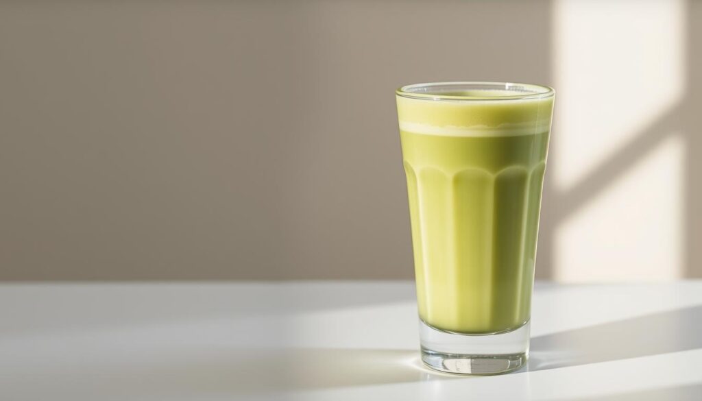 A delicate, creamy matcha latte in a clear glass, with a gentle foam topping and a vibrant green hue. The drink is set against a soft, minimal background, with natural lighting filtering in from the side, casting a warm, cozy glow. The composition is clean and balanced, highlighting the simplicity and elegance of this classic cafe beverage. The scene evokes a sense of calm and inviting atmosphere, perfect for a beginner's introduction to the art of matcha latte preparation.