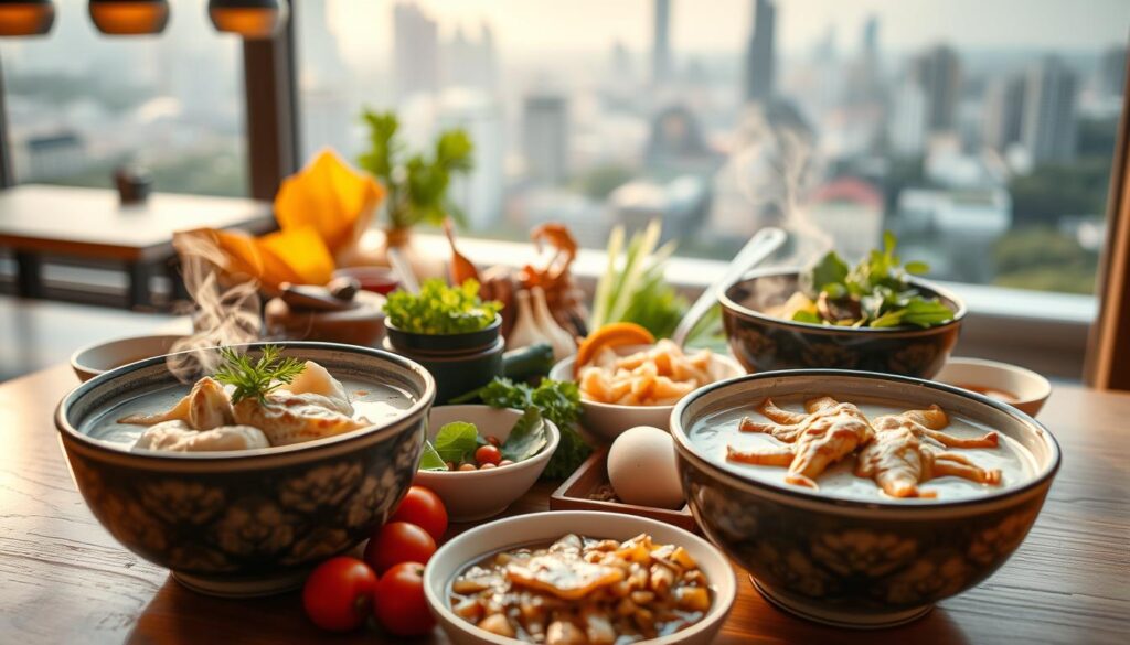 A delightful arrangement of the most prized frog porridge dishes in Singapore. The foreground features three steaming bowls, each filled with a unique interpretation of the traditional delicacy. The middle ground showcases an assortment of fresh ingredients, including succulent frog meat, aromatic herbs, and a variety of condiments. In the background, a softly blurred cityscape sets the scene, hinting at the vibrant culinary landscape of Singapore. The lighting is warm and inviting, creating a cozy and appetizing atmosphere. The image is captured with a shallow depth of field, drawing the viewer's focus to the central dishes and their mouthwatering details. A delightful arrangement of the most prized frog porridge dishes in Singapore. The foreground features three steaming bowls, each filled with a unique interpretation of the traditional delicacy. The middle ground showcases an assortment of fresh ingredients, including succulent frog meat, aromatic herbs, and a variety of condiments. In the background, a softly blurred cityscape sets the scene, hinting at the vibrant culinary landscape of Singapore. The lighting is warm and inviting, creating a cozy and appetizing atmosphere. The image is captured with a shallow depth of field, drawing the viewer's focus to the central dishes and their mouthwatering details.