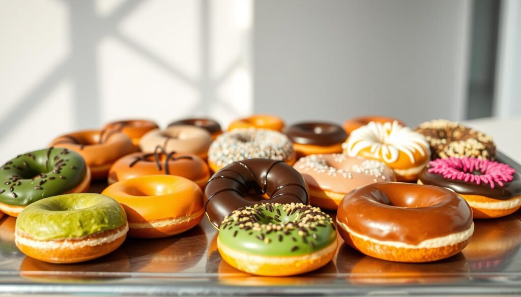 A delightful assortment of unique donut flavors, artfully arranged on a gleaming metal tray. In the foreground, an array of vibrant, handcrafted donuts in unexpected flavors like matcha, black sesame, and yuzu. The mid-ground features a mix of classic favorites like chocolate-glazed and sprinkle-topped donuts, each one perfectly shaped and temptingly fresh. The background showcases a clean, minimalist setting, with soft natural lighting illuminating the delectable treats. The overall scene evokes a sense of gourmet indulgence, inviting the viewer to imagine the delightful taste and texture of these one-of-a-kind donut creations.