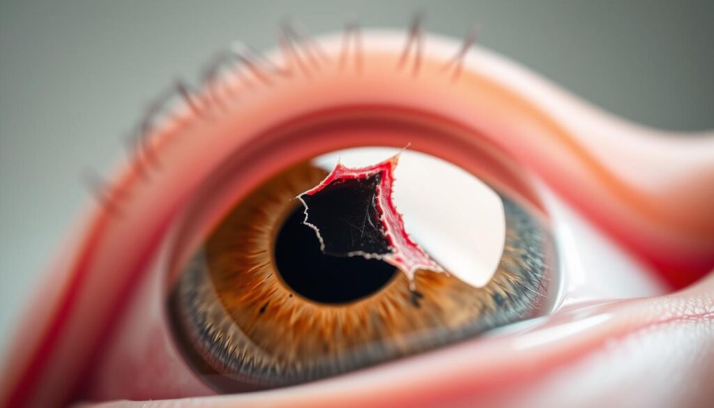 A detailed cross-section of the human eye, showcasing a retinal tear. The foreground depicts the retina in sharp focus, with the tear visible as a jagged, reddish-pink gash. The middle ground features the vitreous humor, a clear, jelly-like substance, surrounding the retinal tear. The background subtly blurs into the sclera, the white, protective outer layer of the eye, providing a sense of depth and dimensionality. The lighting is soft and natural, illuminating the intricate structures of the eye, while maintaining a clinical, informative atmosphere. The overall composition and perspective create a precise, educational visual representation of this specific retinal condition.