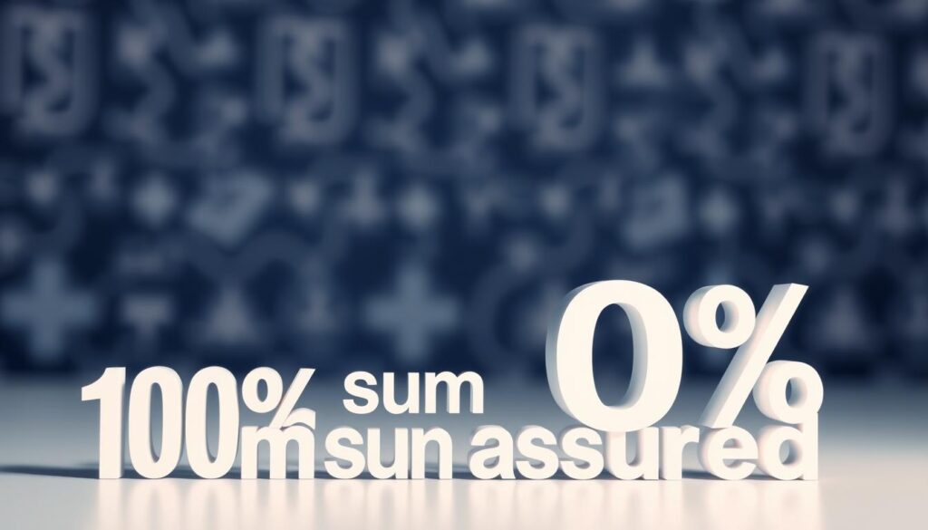 A detailed, high-resolution image of "100% sum assured" in the context of critical illness insurance. The foreground features a clean, modern design with a prominent "100%" displayed in a bold, numerical font. The middle ground showcases a stylized medical symbol or icon, representing the "critical illness" aspect. The background has a soft, blurred medical or financial-themed pattern, creating a sense of professionalism and authority. The overall color palette is muted and sophisticated, using a combination of blues, grays, and whites to convey a sense of trust and reliability. Lighting is soft and directional, creating depth and dimension. The angle is slightly tilted to add visual interest.