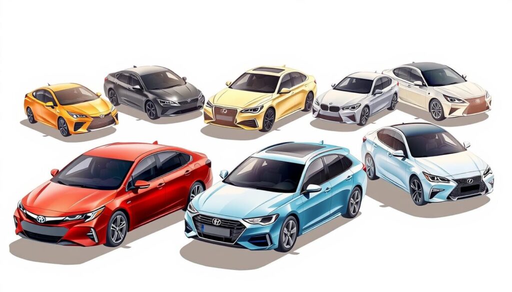 A detailed illustration of various types of hybrid cars, featuring their distinct designs and technologies. In the foreground, a sleek Toyota Prius, a Honda Accord Hybrid, and a Ford Escape Hybrid are prominently displayed, showcasing their unique silhouettes and signature features. In the middle ground, a Hyundai Ioniq Hybrid and a Kia Niro Hybrid are presented, highlighting their aerodynamic shapes and advanced hybrid systems. In the background, a Lexus ES Hybrid and a BMW 530e Hybrid are captured, exuding a sense of luxury and performance. The scene is illuminated by a warm, natural light, creating a harmonious and informative display of the diverse hybrid car options available. A detailed illustration of various types of hybrid cars, featuring their distinct designs and technologies. In the foreground, a sleek Toyota Prius, a Honda Accord Hybrid, and a Ford Escape Hybrid are prominently displayed, showcasing their unique silhouettes and signature features. In the middle ground, a Hyundai Ioniq Hybrid and a Kia Niro Hybrid are presented, highlighting their aerodynamic shapes and advanced hybrid systems. In the background, a Lexus ES Hybrid and a BMW 530e Hybrid are captured, exuding a sense of luxury and performance. The scene is illuminated by a warm, natural light, creating a harmonious and informative display of the diverse hybrid car options available.