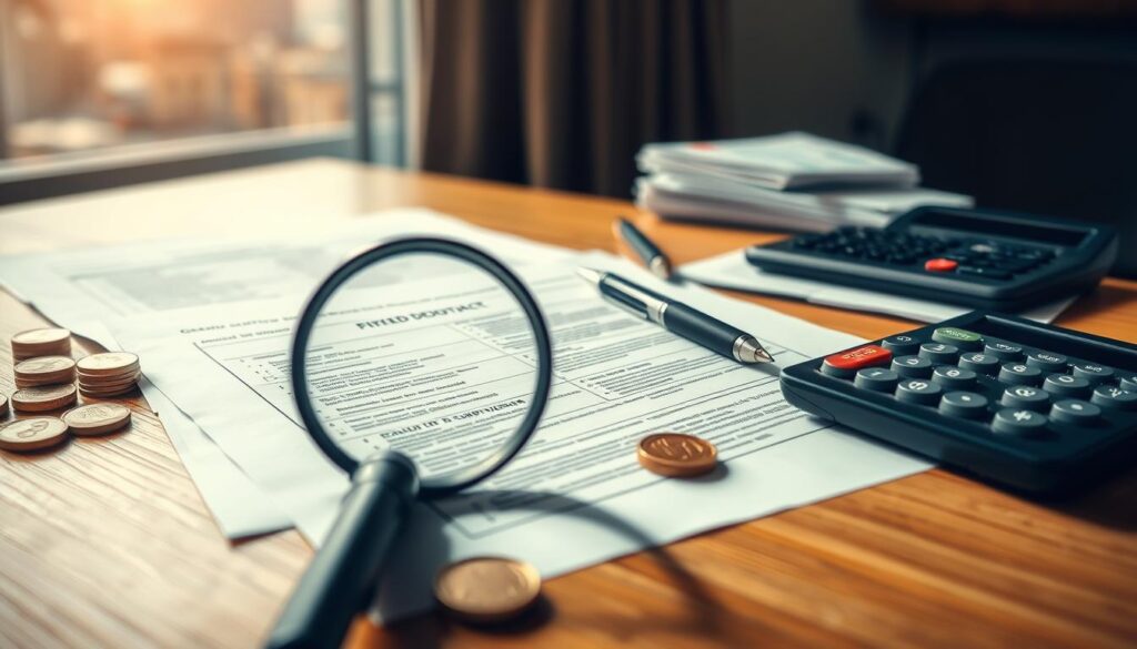 A detailed, well-lit photograph of a wooden table with various financial documents, coins, and a calculator arranged in a visually appealing composition. The foreground features a magnifying glass examining the details of a fixed deposit contract. The middle ground showcases a stack of documents and a pen, while the background has a blurred cityscape visible through a window, hinting at the financial context. The lighting is soft and natural, creating a professional, informative atmosphere suitable for an article on the factors to consider when choosing a fixed deposit.