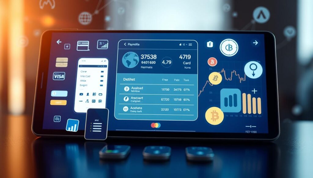 A digital payment interface, showcasing various payment methods including credit cards, mobile wallets, and digital currencies. The foreground features a sleek, minimalist design with various payment icons and symbols. The middle ground displays various transaction details, while the background subtly incorporates patterns and textures reminiscent of financial graphs and charts. The lighting is soft and warm, creating a sense of trust and security. The composition is balanced and visually appealing, reflecting the modern and efficient nature of digital payment solutions.