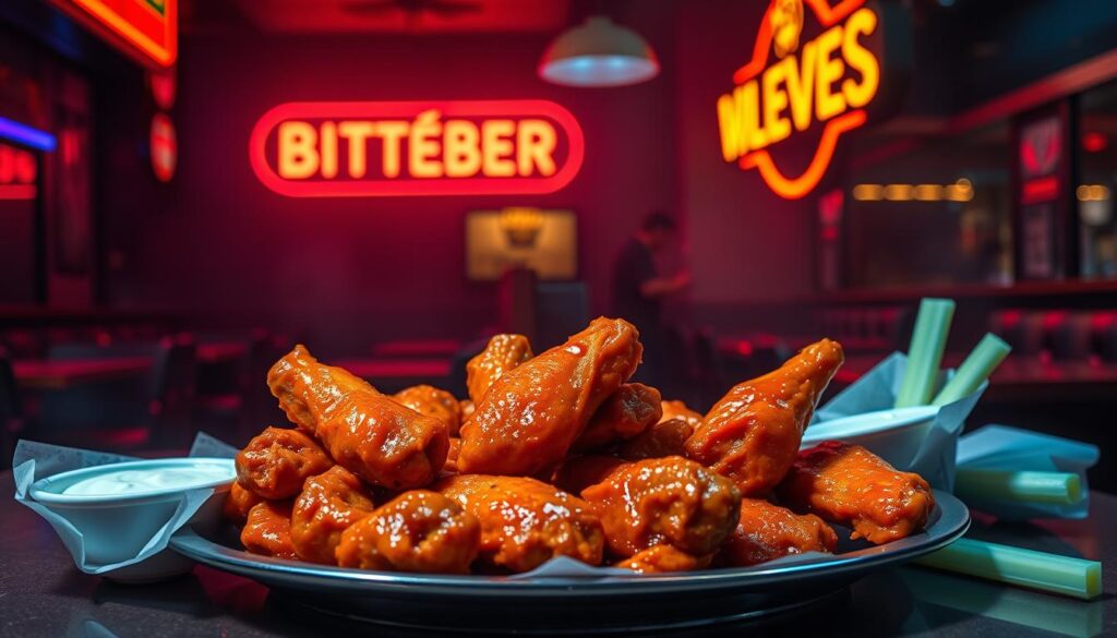 A dimly lit diner, illuminated by the warm glow of neon signs, showcases a platter of glistening, crisp-skinned buffalo wings. The wings are artfully arranged, their vibrant orange-red hue contrasting against the midnight-blue background. The table is scattered with paper-wrapped celery sticks and creamy blue cheese dip, inviting the viewer to indulge in this late-night guilty pleasure. A hazy, atmospheric lighting casts long shadows, creating a moody, intimate atmosphere. The camera angle is slightly low, capturing the wings from a perspective that evokes the sensation of being there, savoring each juicy, spicy bite. The overall scene exudes a sense of indulgence, comfort, and the allure of satisfying a craving in the wee hours of the night.