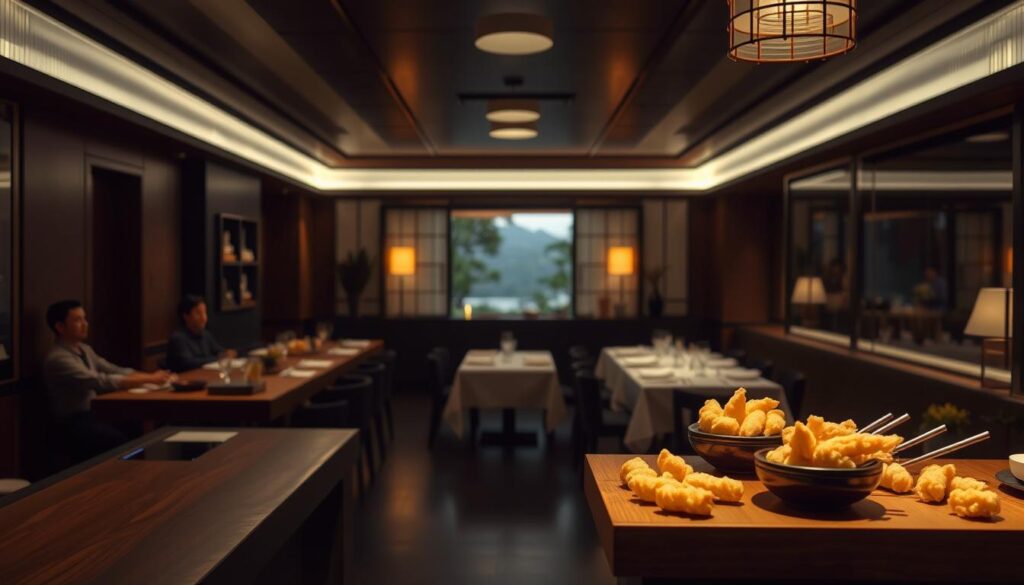 A dimly-lit, intimate tempura restaurant with a sleek, modern interior. In the foreground, a wooden sushi counter adorned with delicate tempura morsels freshly prepared by a skilled chef. The middle ground features a minimalist dining area with crisp white linens and elegant Japanese-inspired decor. Soft, warm lighting casts a cozy glow, creating an atmosphere of refined elegance. In the background, a serene view of a Japanese garden or landscape, visible through large windows, transports diners to a tranquil oasis amidst the bustling city. The overall scene evokes a sense of elevated, unique tempura dining experience.