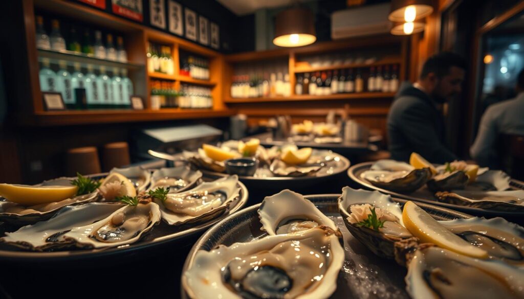 A dimly lit izakaya interior, with a wooden bar and shelves stocked with premium sake bottles. In the foreground, several oval-shaped platters artfully arranged with glistening oysters on the half-shell, garnished with lemon wedges and sprigs of fresh herbs. The oysters vary in size and color, showcasing their natural diversity. Soft, warm lighting bathes the scene, creating a cozy, intimate atmosphere. The camera angle is slightly elevated, allowing the viewer to appreciate the careful presentation of the delectable seafood. The background features blurred wooden accents and the faint outline of other diners, hinting at the vibrant energy of the hidden izakaya.