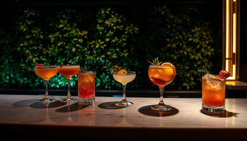 A dimly lit lounge setting, with a sleek marble bar as the focal point. Atop the bar, an array of artfully crafted cocktails adorned with fresh garnishes, reflecting the moody, atmospheric lighting. In the background, a lush, verdant plant wall adds a touch of natural elegance. The cocktails are vibrant, with intricate patterns and hues, perfectly balanced and presented in elegant glassware. The overall scene conveys a sense of sophistication, inviting the viewer to imagine the delightful flavors and textures of these "instagrammable" cocktails.