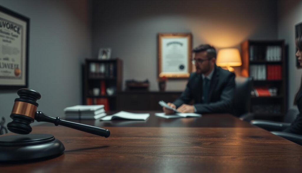 A dimly lit, modern law office interior. A wooden desk in the foreground, with a gavel, some law books, and a framed certificate on the wall behind it. In the middle ground, two people, a man and a woman, sitting across the desk, their expressions somber as they discuss the details of their divorce proceedings. The background is hazy, with a sense of professionalism and seriousness, conveying the gravity of the situation. The lighting is soft and warm, creating a contemplative atmosphere.