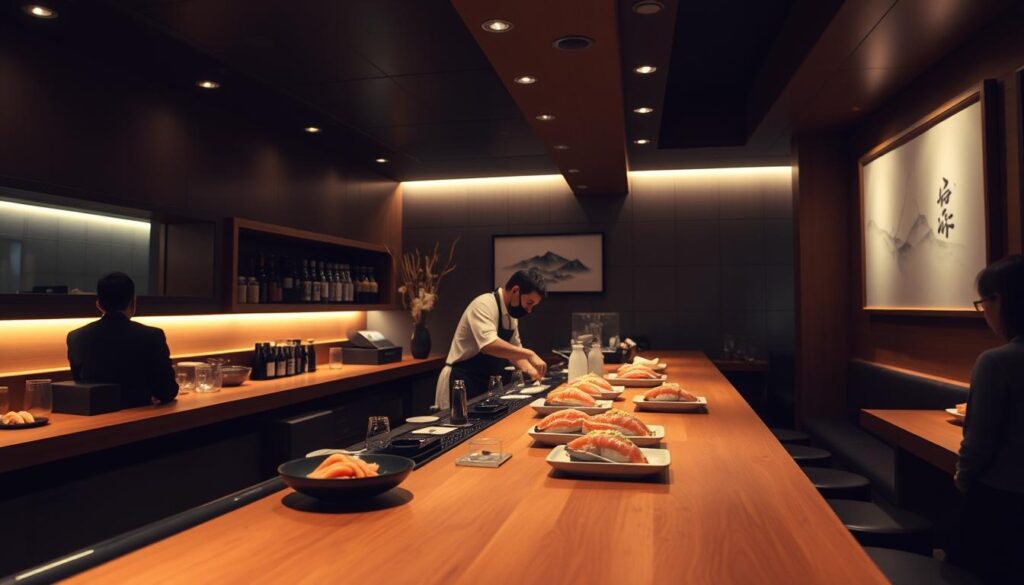 A dimly lit, modern sushi bar with a sleek, minimalist design. The bar counter is made of smooth, polished wood, with a sushi chef skillfully preparing the fresh seafood in front of the customers. The scene is bathed in a warm, ambient lighting that casts a cozy glow over the intimate setting. In the background, there are subtle Japanese-inspired decorative elements, such as delicate bamboo shoots or a simple Zen-inspired artwork. The atmosphere is one of casual elegance, inviting patrons to relax and savor the exquisite sashimi and nigiri. The camera angle captures the bar from a slightly elevated perspective, highlighting the precision and artistry of the sushi-making process.