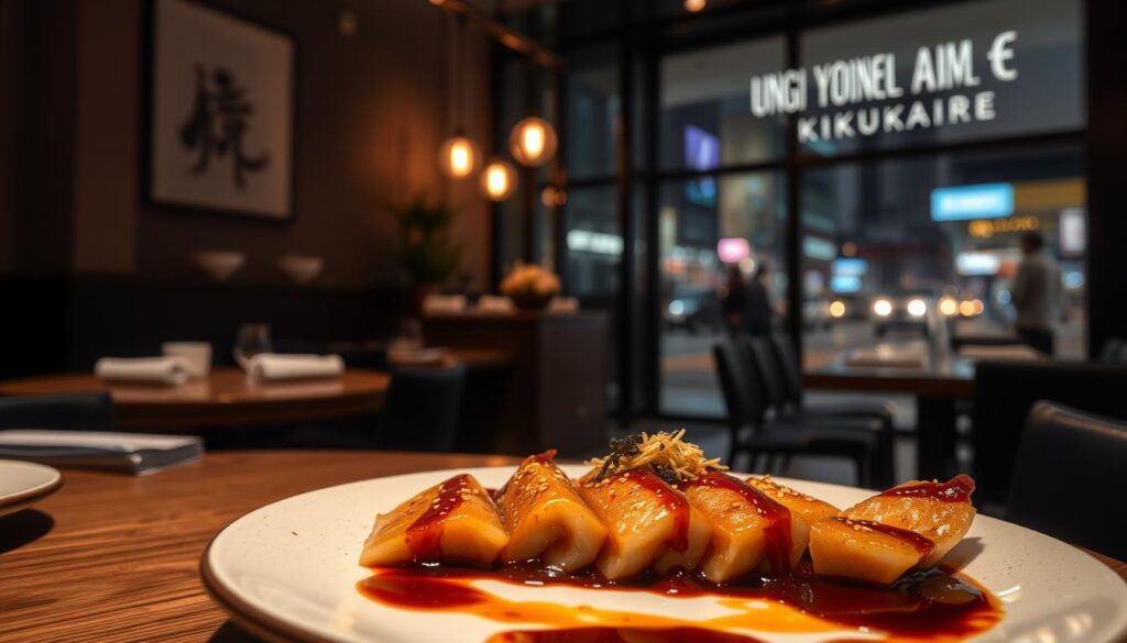 A dimly lit restaurant interior with a focus on a beautifully presented unagi dish. In the foreground, a plate of steaming, glistening unagi fillets, drizzled with a rich, caramelized sauce, garnished with delicate shredded nori and a sprinkle of sesame seeds. The middle ground features the elegant, minimal setting of the Unagi Yondaime Kikukawa restaurant, with muted tones, clean lines, and a warm, inviting ambiance. In the background, a glimpse of the bustling streets of Singapore, hinting at the vibrant culinary scene that this establishment is a part of. The lighting is soft and atmospheric, casting a gentle glow on the scene, creating a sense of refinement and authenticity.