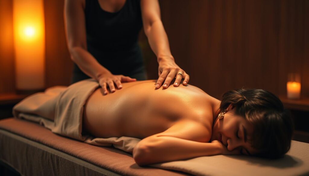 A dimly lit room, soft amber lighting casting a warm glow. A masseuse's skilled hands knead deeply into the back of a relaxed client, releasing tension and increasing blood flow. Therapeutic oils glisten on the skin as the pressure builds, muscles loosening and melting away stress. The client's face is tranquil, eyes closed, fully immersed in the moment. Wooden massage table, plush linens, and soothing ambient sounds set the stage for a truly rejuvenating Thai massage experience.