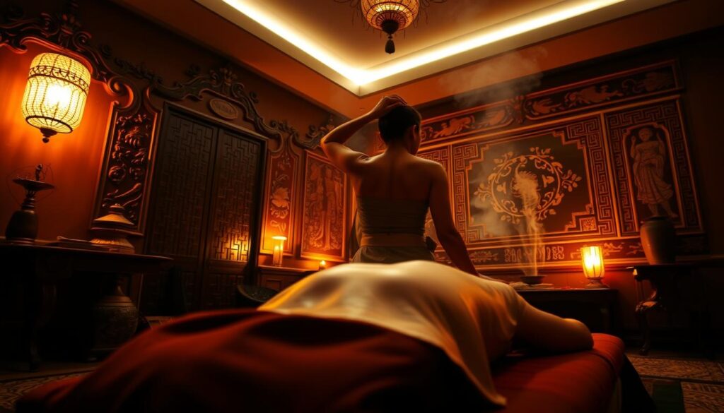 A dimly lit room with warm, ambient lighting, capturing the serene atmosphere of a traditional Thai massage parlor. In the foreground, a skilled masseuse kneads and applies pressure to a relaxed client's back, their hands moving with graceful precision. Intricate woodcarvings and ornate tapestries adorn the walls, adding to the authentic Thai ambiance. Soft incense fills the air, creating a calming, meditative experience. The scene is captured from a low, unobtrusive angle, allowing the viewer to immerse themselves in the tranquil, therapeutic setting.