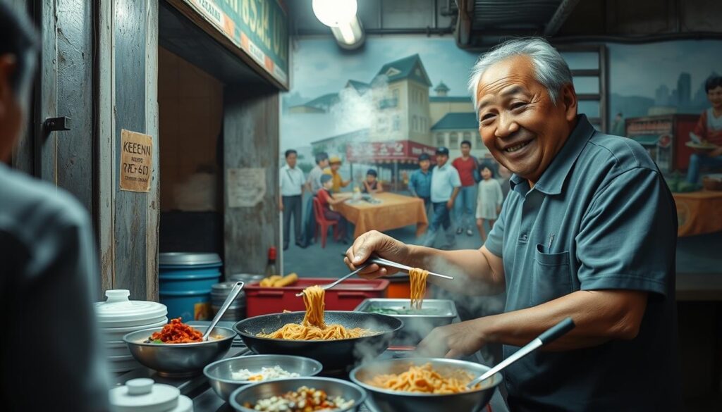 A family-owned hawker stall, its weathered facade a testament to generations of tradition. In the foreground, the patriarch, Yunos, greets customers with a warm smile, his hands skillfully ladling the signature Mee Rebus into waiting bowls. The sizzling wok and steam-filled air create a cozy, homely atmosphere, while the middle ground showcases the vibrant, colorful ingredients used in the recipe passed down through the years. In the background, a mural depicting the family's heritage and the bustling Singaporean hawker culture sets the stage for this culinary legacy. Soft, natural lighting illuminates the scene, capturing the essence of this beloved local institution.