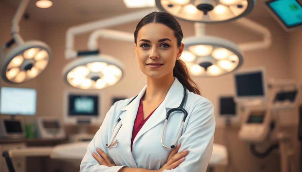 A female doctor in a white coat, standing with a confident, professional posture in a modern, well-equipped medical facility. The background is softly blurred, placing the focus on the doctor's face, which has a calm and reassuring expression. Warm, directional lighting accentuates her features and the sterile, surgical environment. The image conveys a sense of expertise, empathy, and the doctor's commitment to providing the best possible care for her patients. A female doctor in a white coat, standing with a confident, professional posture in a modern, well-equipped medical facility. The background is softly blurred, placing the focus on the doctor's face, which has a calm and reassuring expression. Warm, directional lighting accentuates her features and the sterile, surgical environment. The image conveys a sense of expertise, empathy, and the doctor's commitment to providing the best possible care for her patients.