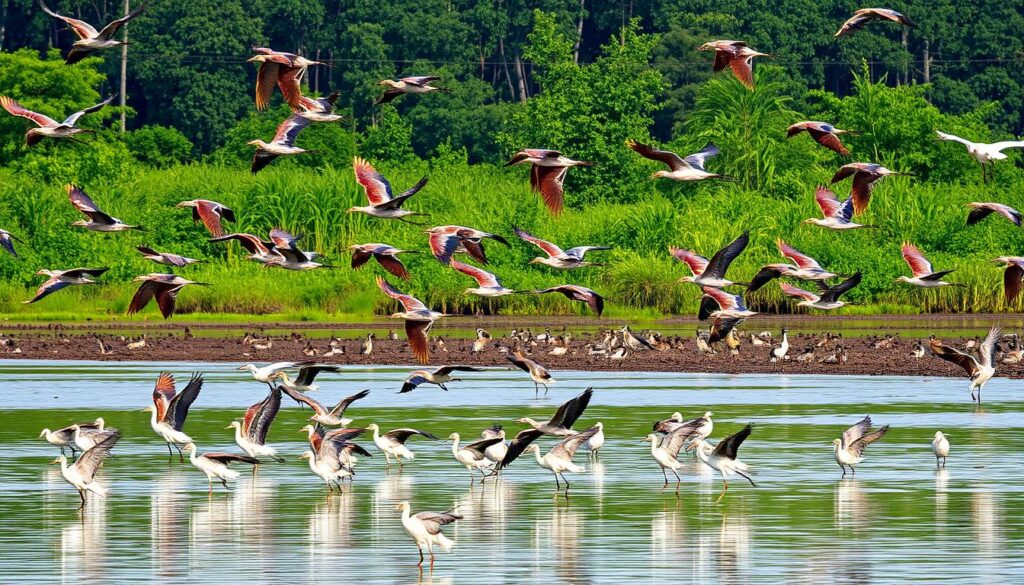 A flock of vibrant birds in flight over the lush Sungei Buloh Wetland Reserve, their wings catching the warm afternoon sunlight. In the foreground, a group of herons and egrets wade gracefully through the shallow waters, their long necks and delicate features reflecting on the glassy surface. In the middle ground, a mix of migratory waders and resident species such as the Eurasian coot and white-breasted waterhen forage along the muddy banks. Framing the scene, the reserve's mangrove forests and dense vegetation create a verdant, serene backdrop, hinting at the diverse ecosystem that makes this a birdwatcher's paradise.
